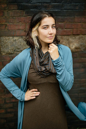 garden coat in ocean with loop in woodland and reversible pushup dress in espresso