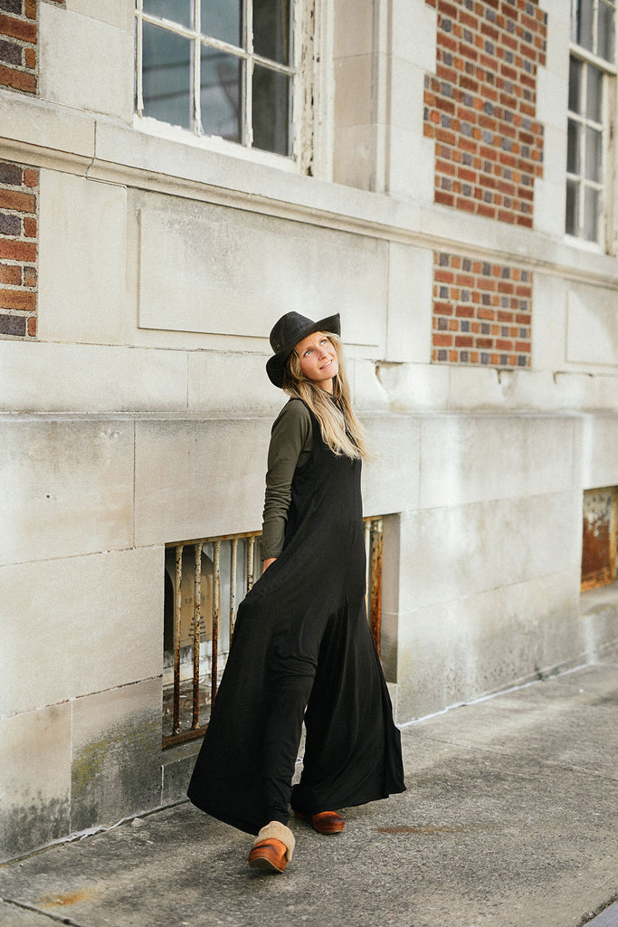 farmer jumpsuit in black with scuba top in olive