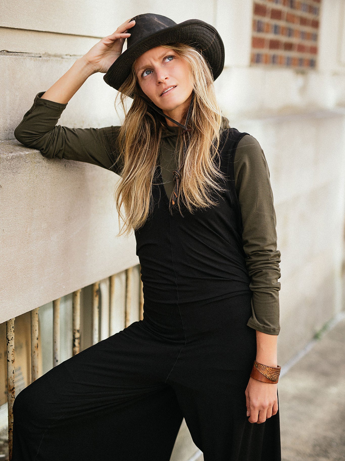 scuba hooded ski tunic in olive under black farmer jumpsuit