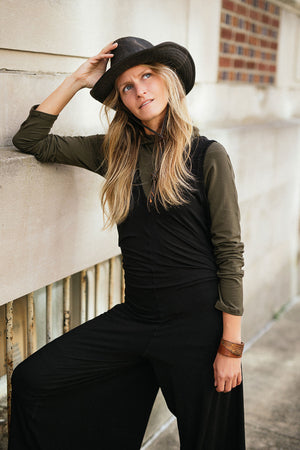 scuba hooded ski tunic in olive under black farmer jumpsuit
