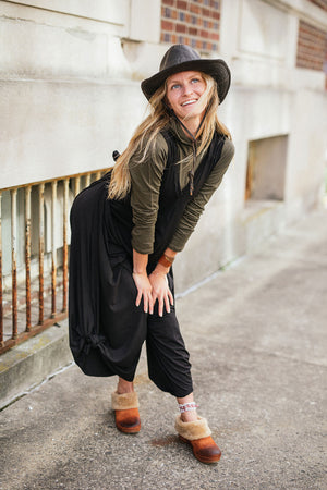 scuba hooded ski tunic in olive under black farmer jumpsuit