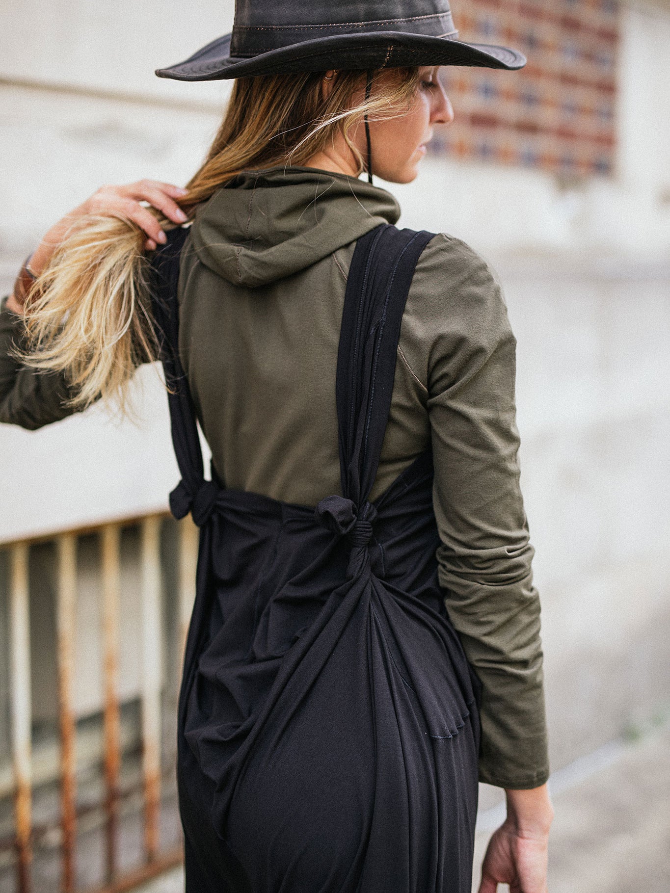 scuba hooded ski tunic in olive under black farmer jumpsuit
