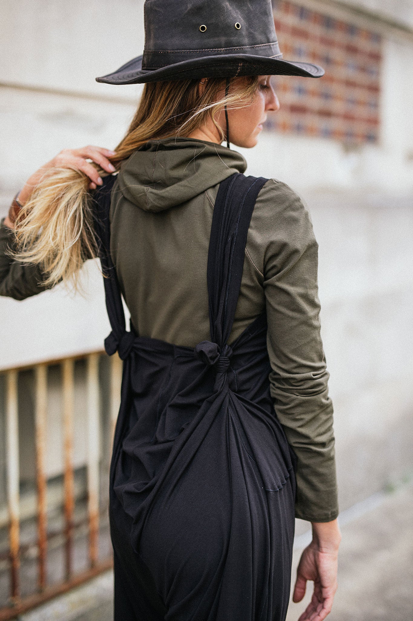 scuba hooded ski tunic in olive under black farmer jumpsuit