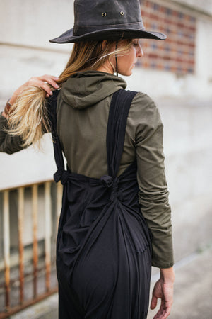 scuba hooded ski tunic in olive under black farmer jumpsuit