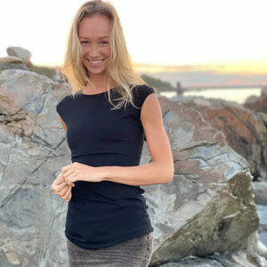 suger cozy cap tunic in black bamboo gathered with gentle ruching