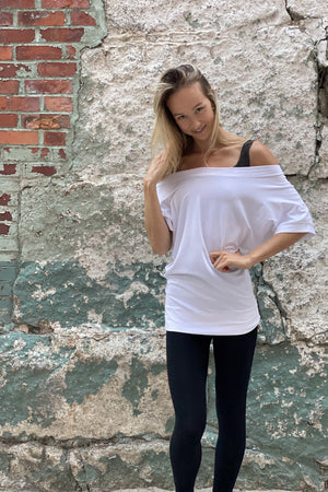 flash off shoulder top in white