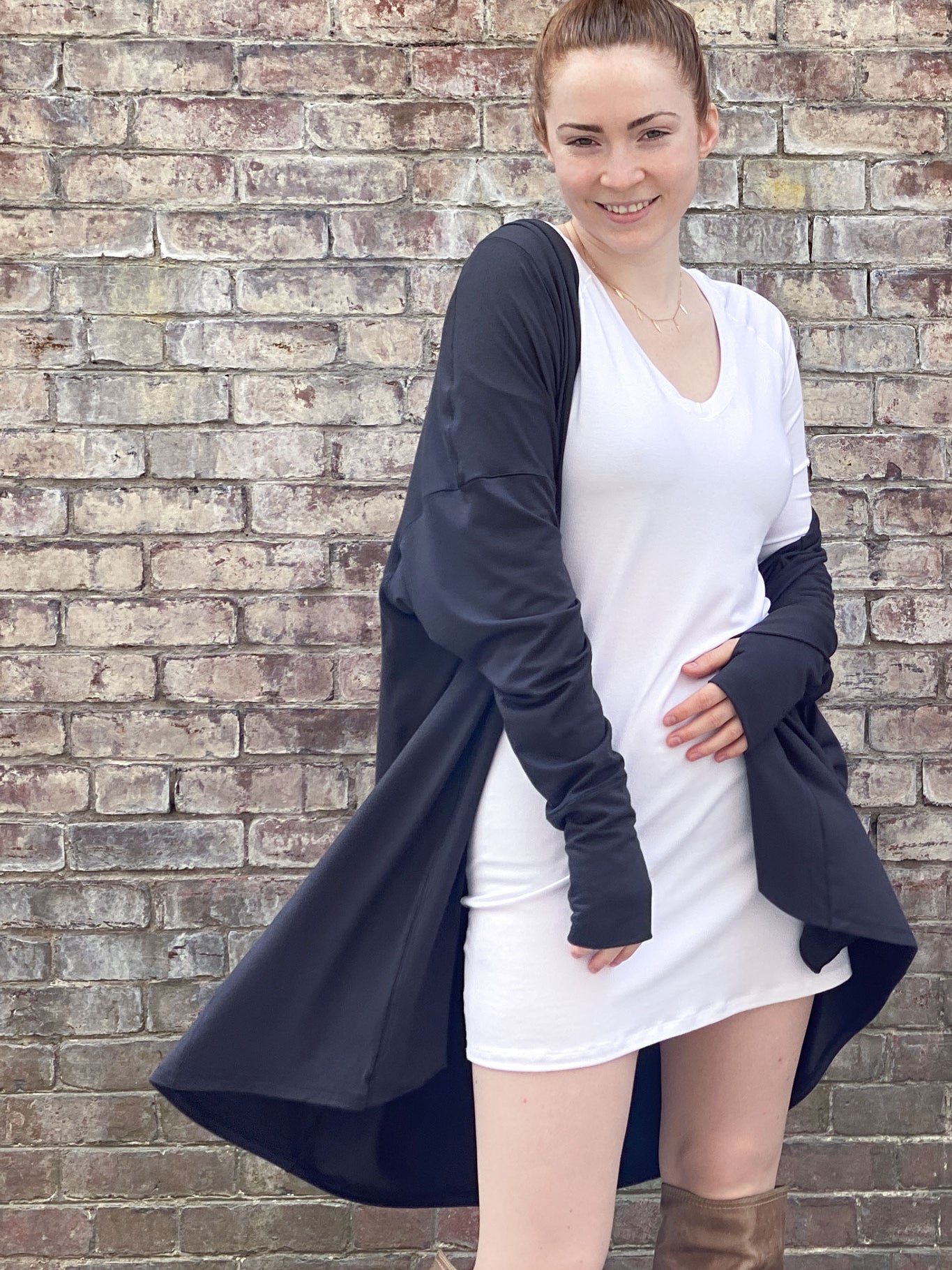 vital vneck tunic in white with coco jacket in carbon