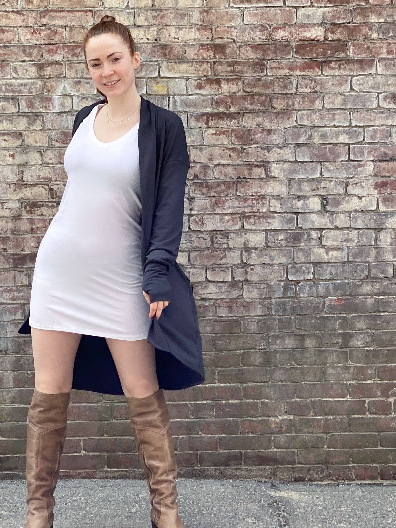 vital vneck tunic in white with coco jacket in carbon