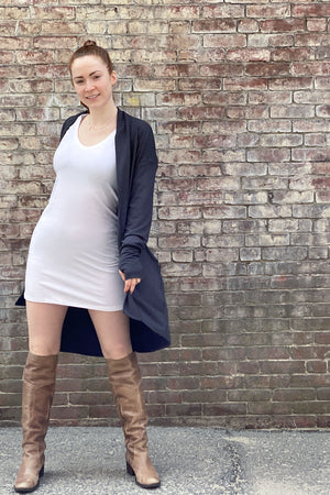 vital vneck tunic in white with coco jacket in carbon