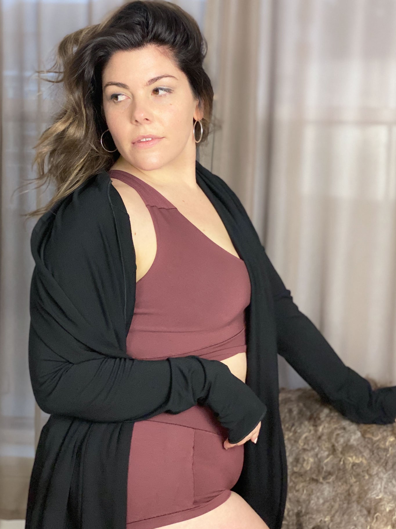 lush brief + balance bra with the black garden coat