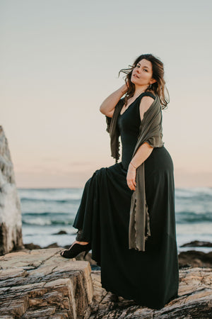 angelrox® gleam bias vneck gown in subtle stripe