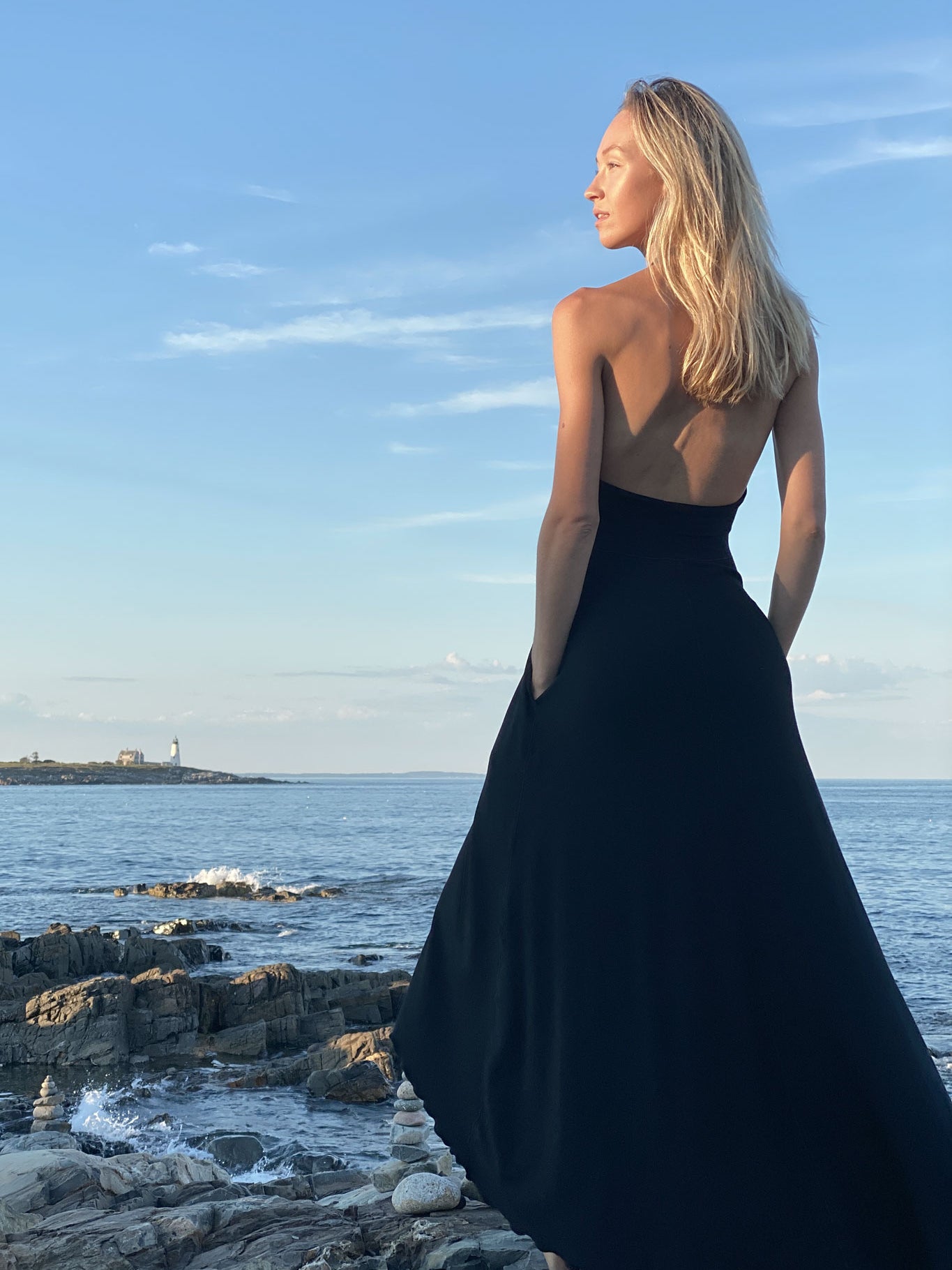 angelrox® harmony vneck halter dress in black