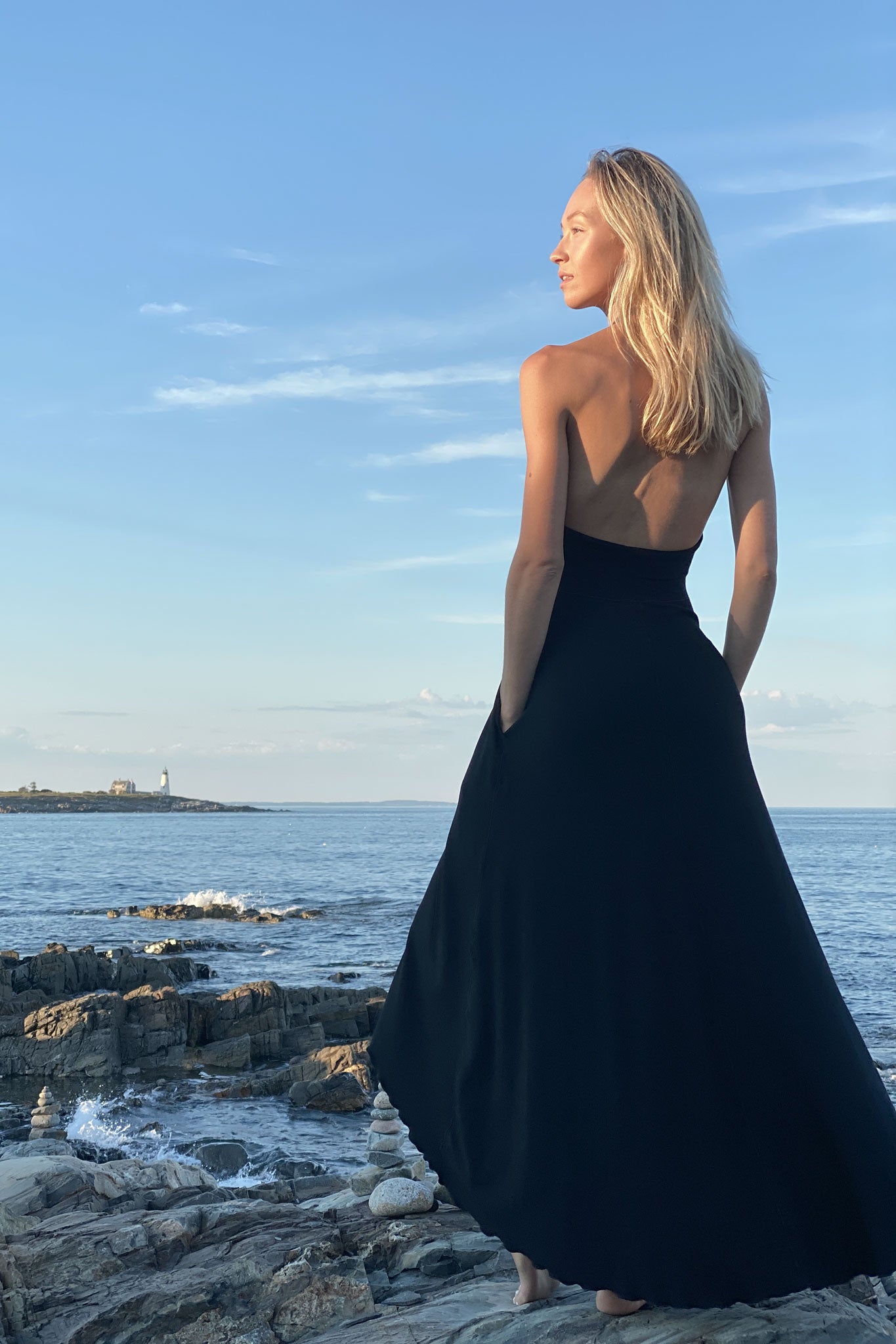 angelrox® harmony vneck halter dress in black