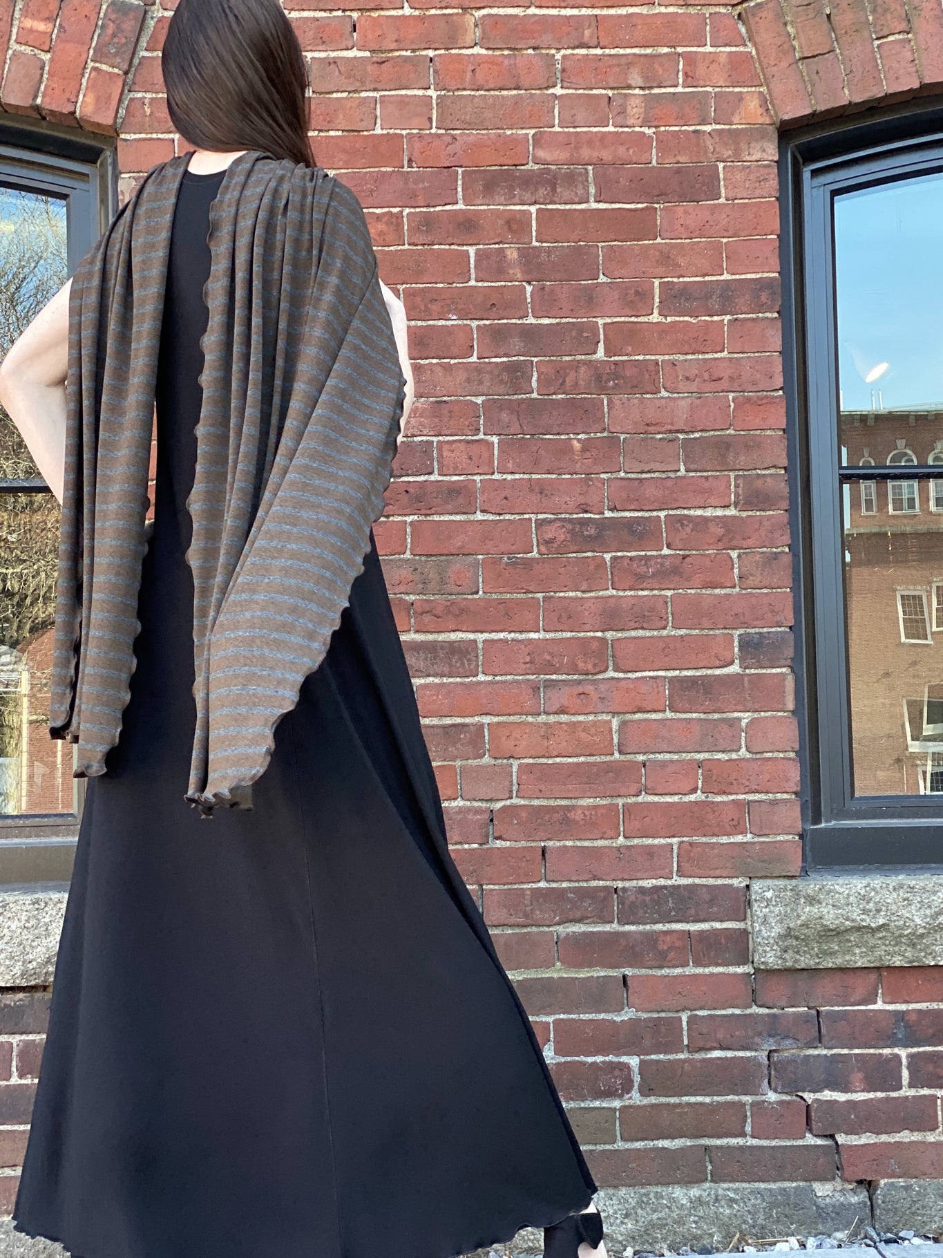 glow gown in black with woodland shawl