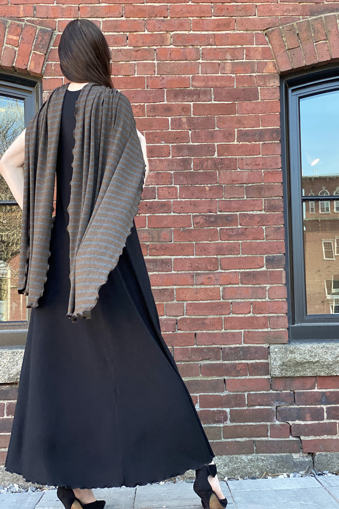 glow gown in black with woodland shawl