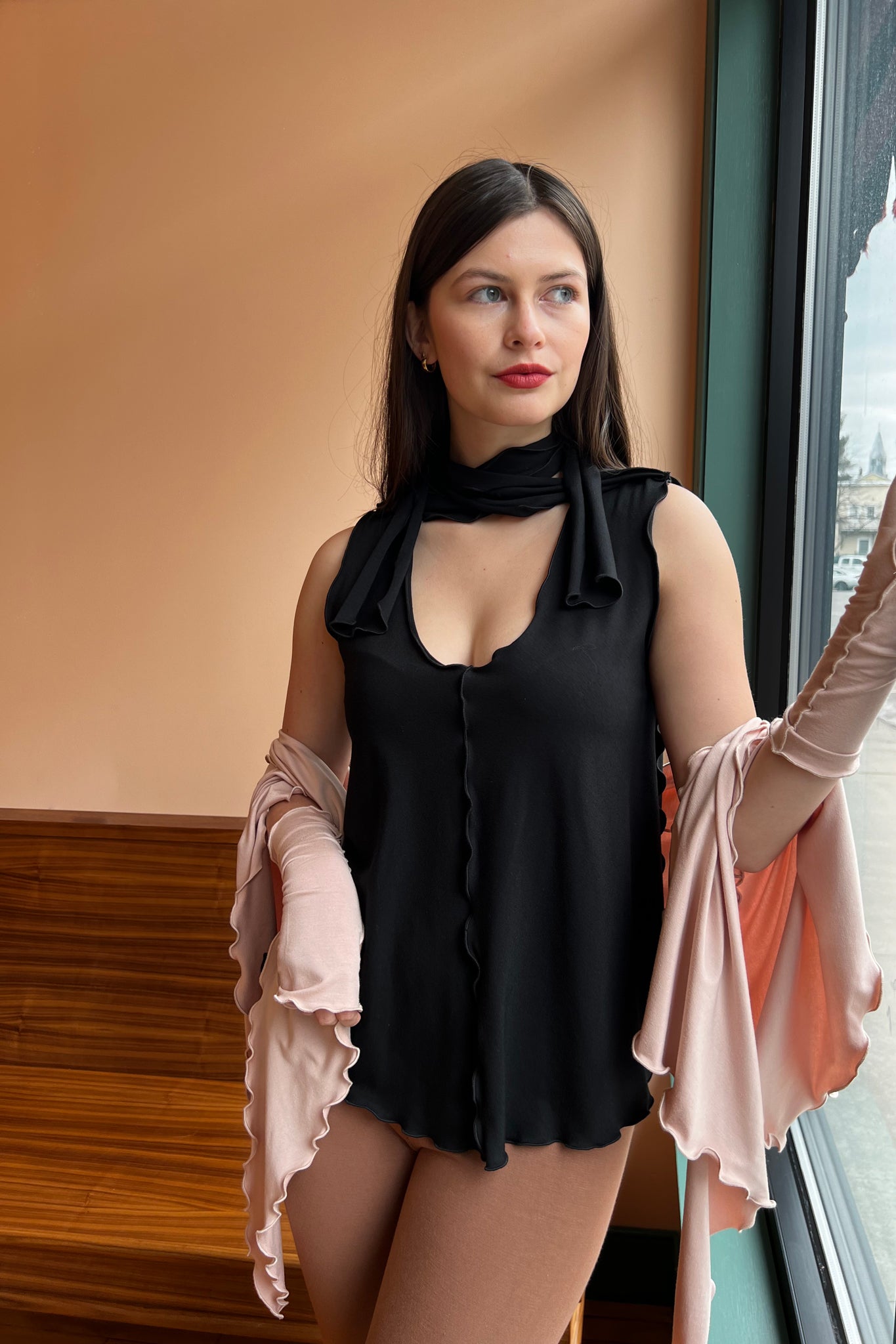 SUGER® honey tank top in black styled with ballet flutter