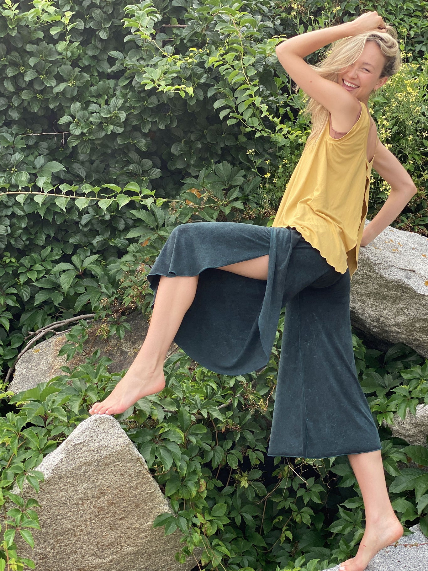 tulip tissue tank in amber with petal pant in blue mineral