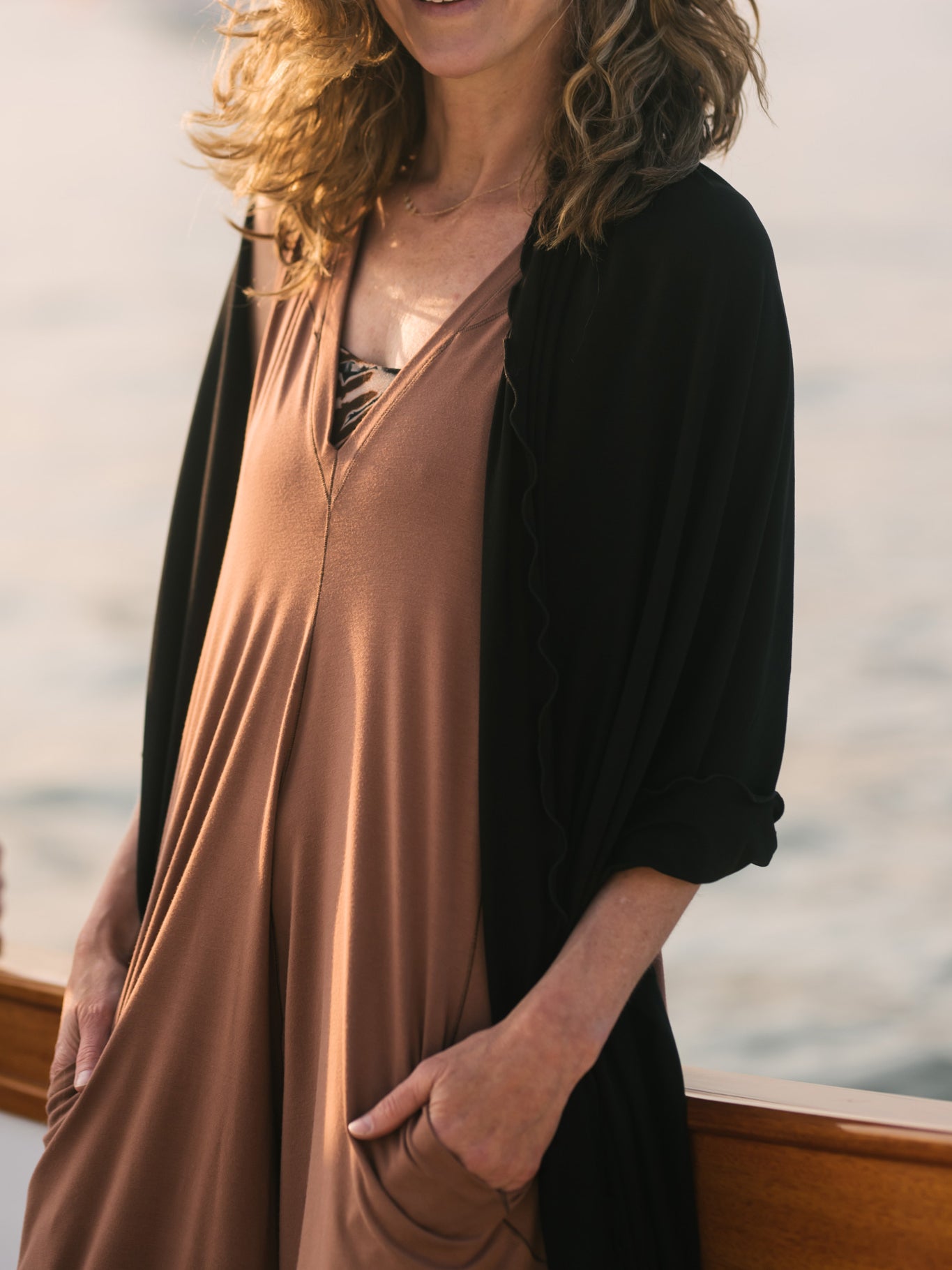 shawl in black over cedar farmer