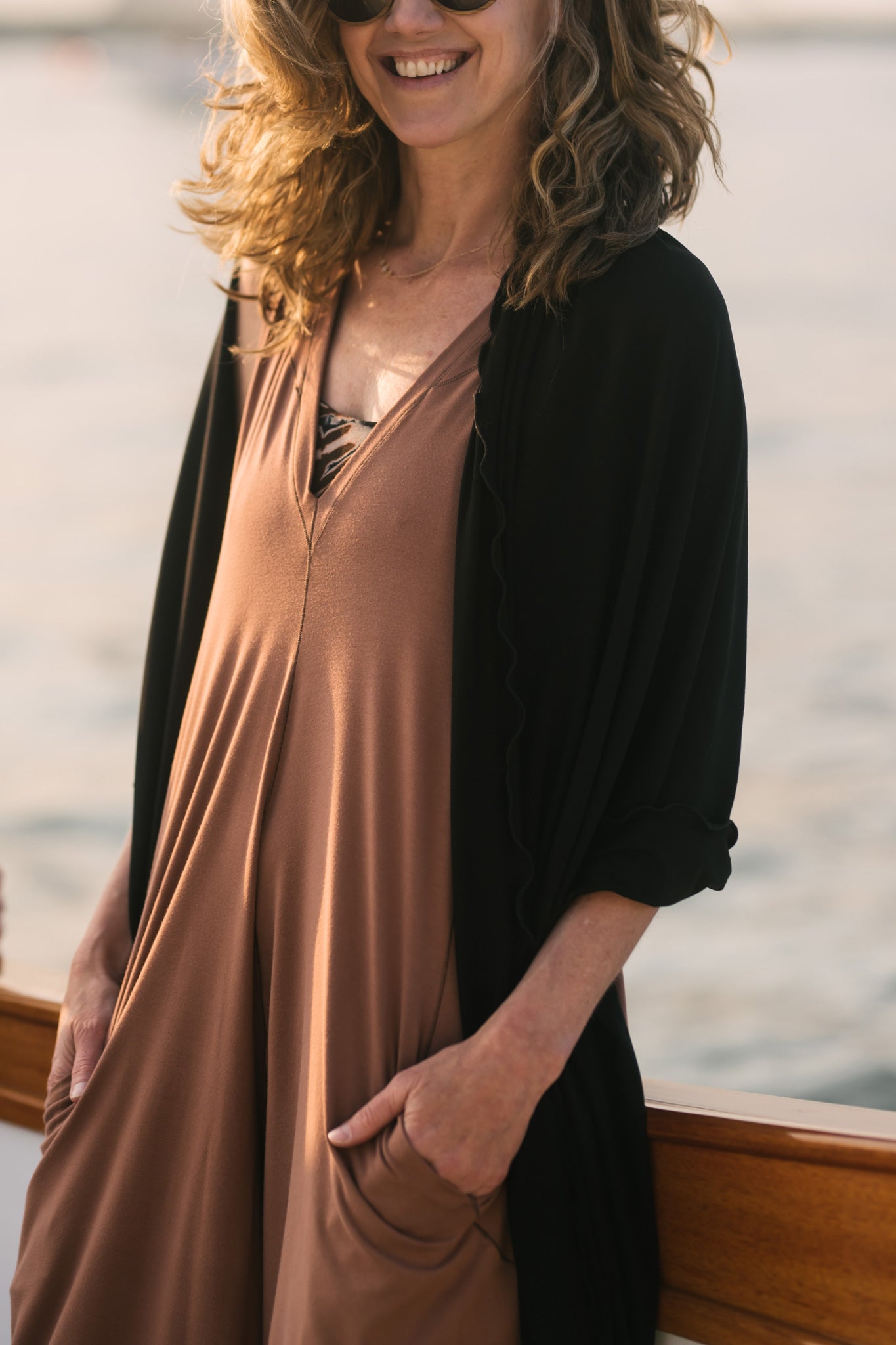 shawl in black over cedar farmer