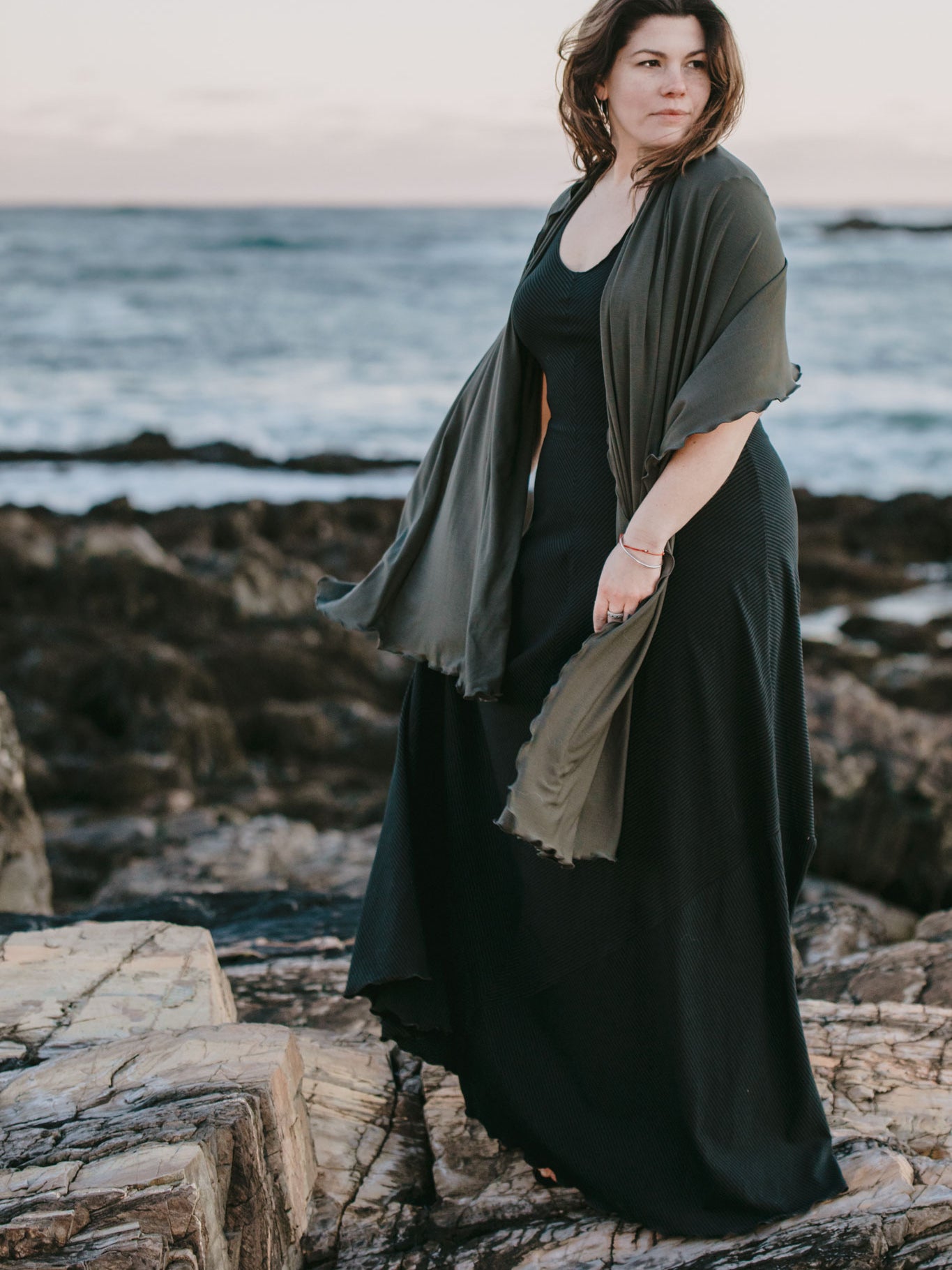 gleam bias vneck gown in subtle black + ore shawl