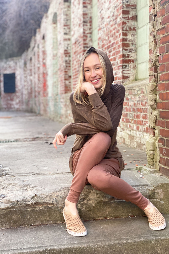 maeve hooded pullover in cedar mineral with cedar joggers