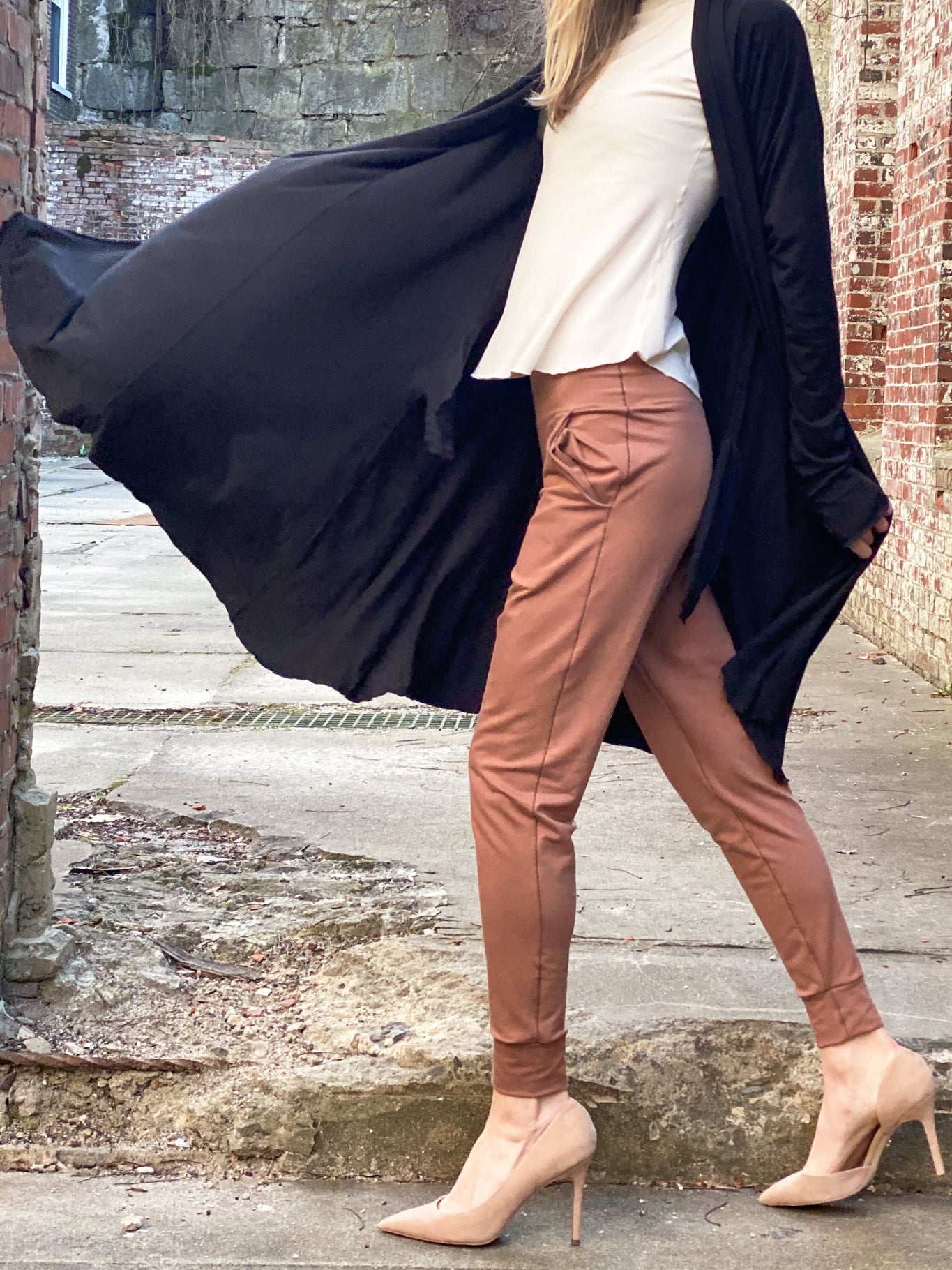 garden coat in black over rose top in milk and jogger in cedar