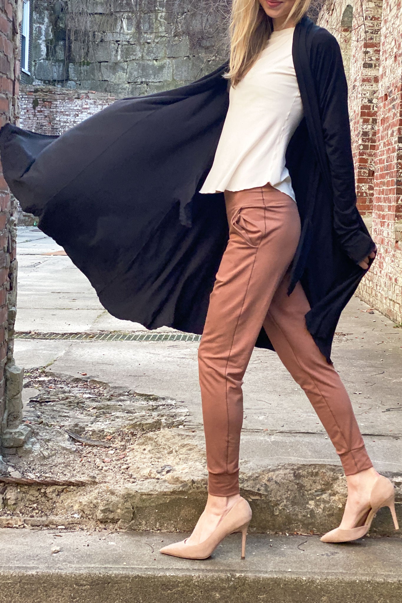 garden coat in black over rose top in milk and jogger in cedar