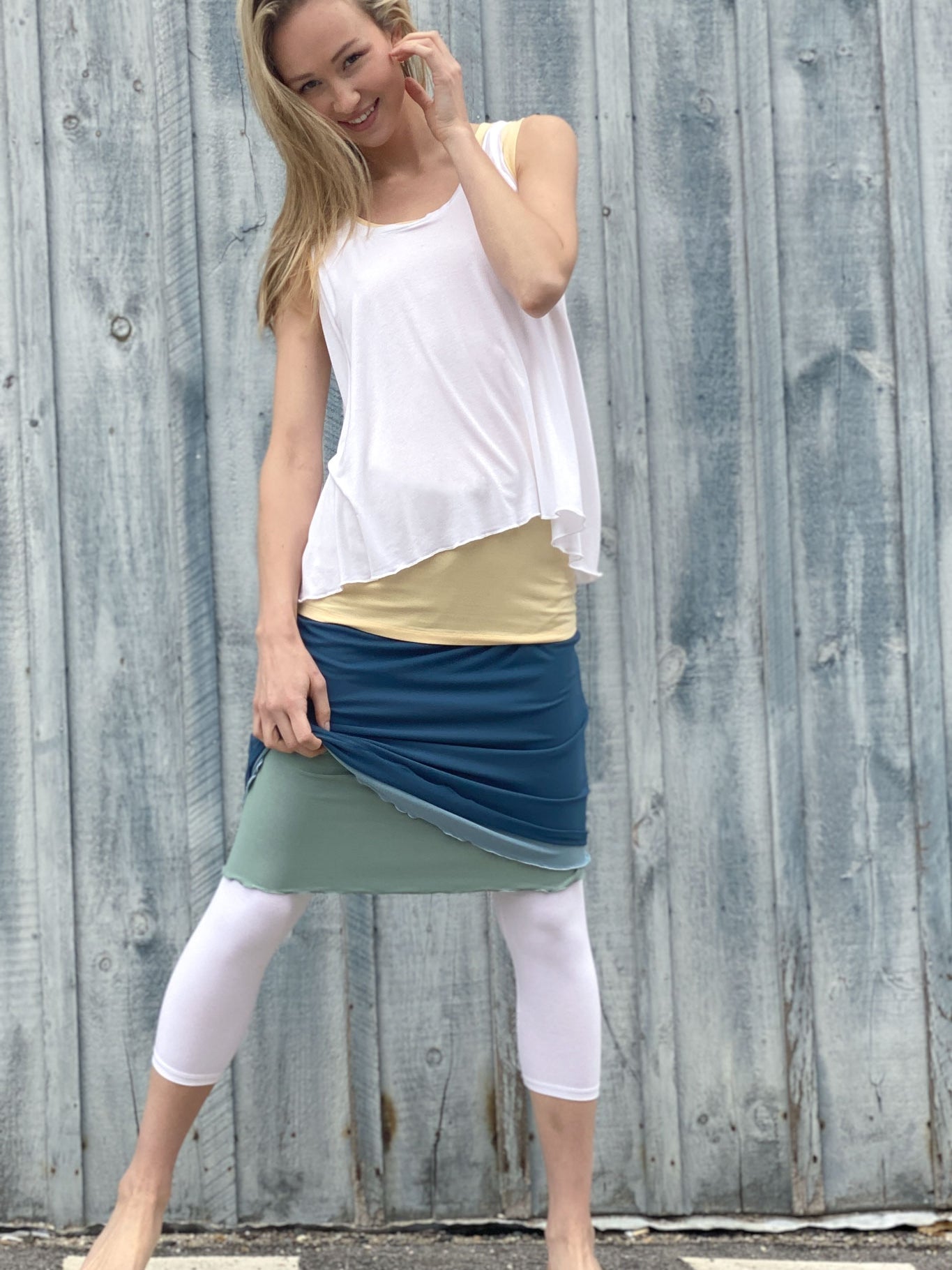 tulip tissue tank in white over core tank in butter