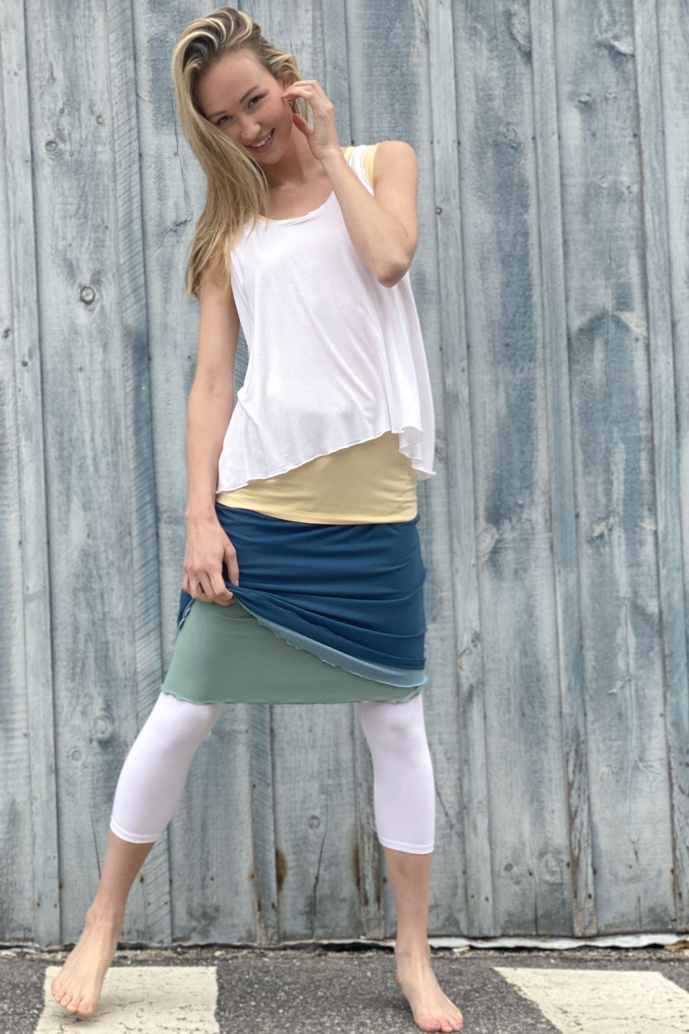 tulip tissue tank in white over core tank in butter