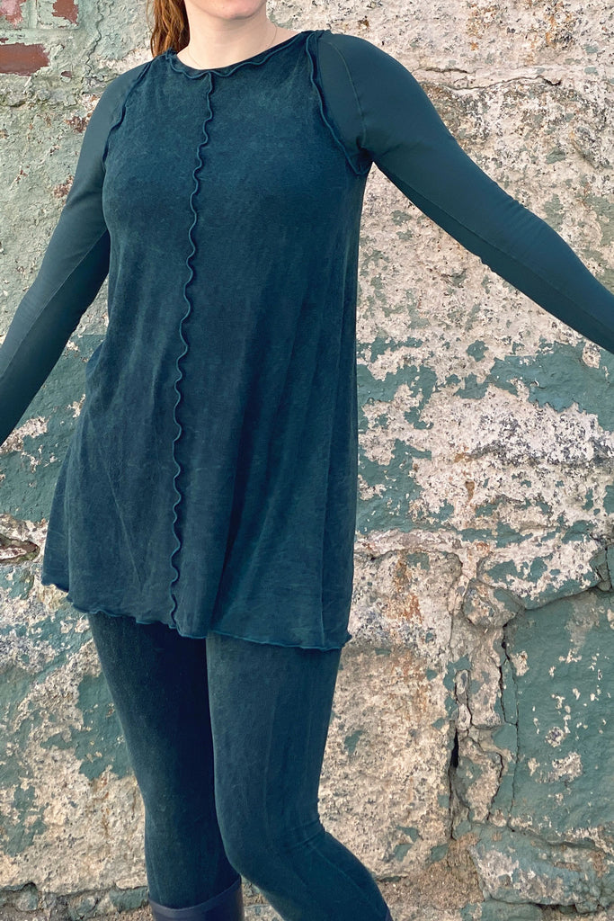 shift tunic tank in blue mineral layered over vneck in spruce