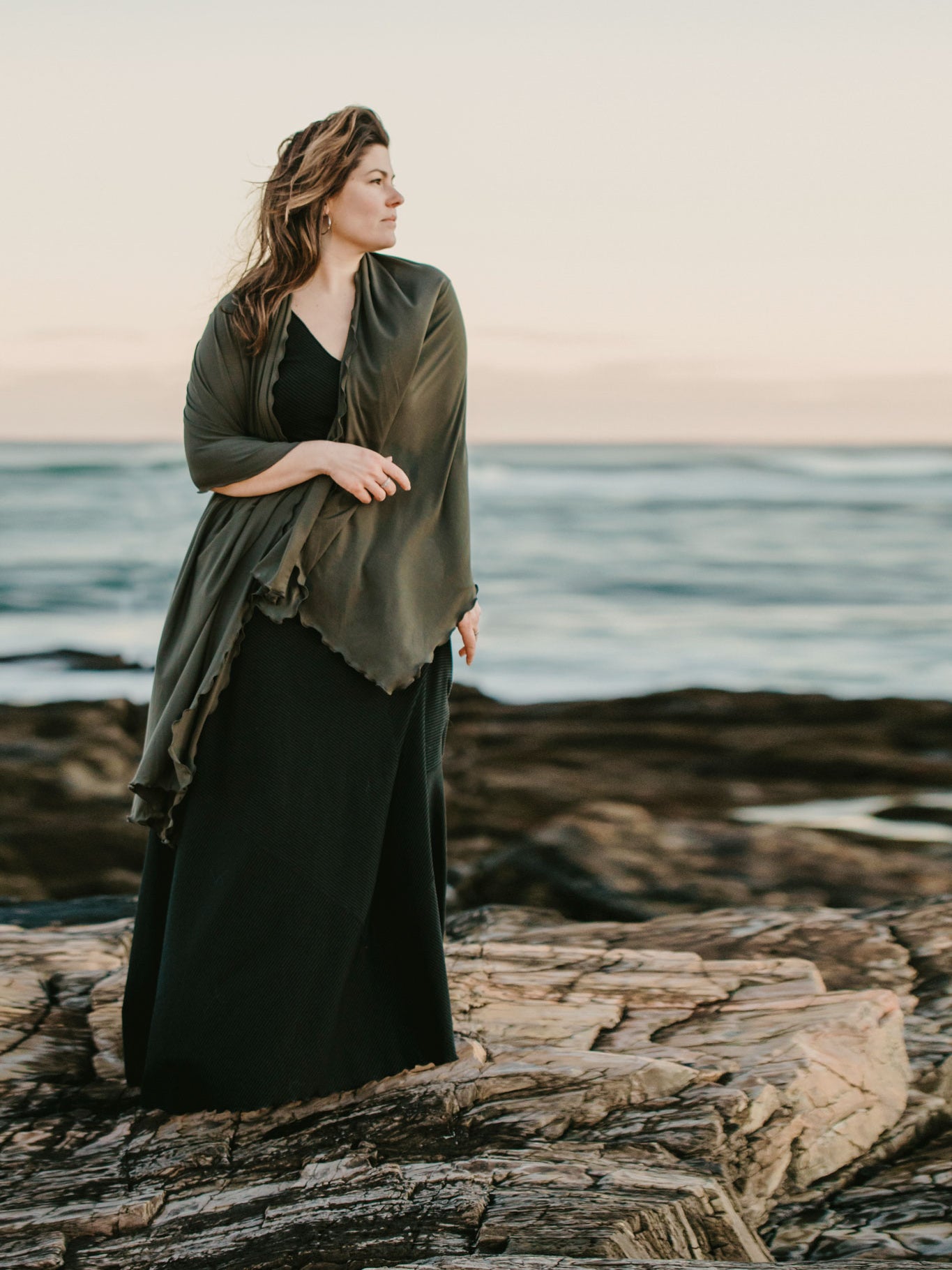 gleam bias vneck gown in subtle black + ore shawl