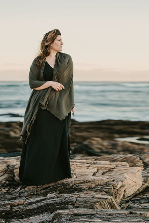 gleam bias vneck gown in subtle black + ore shawl