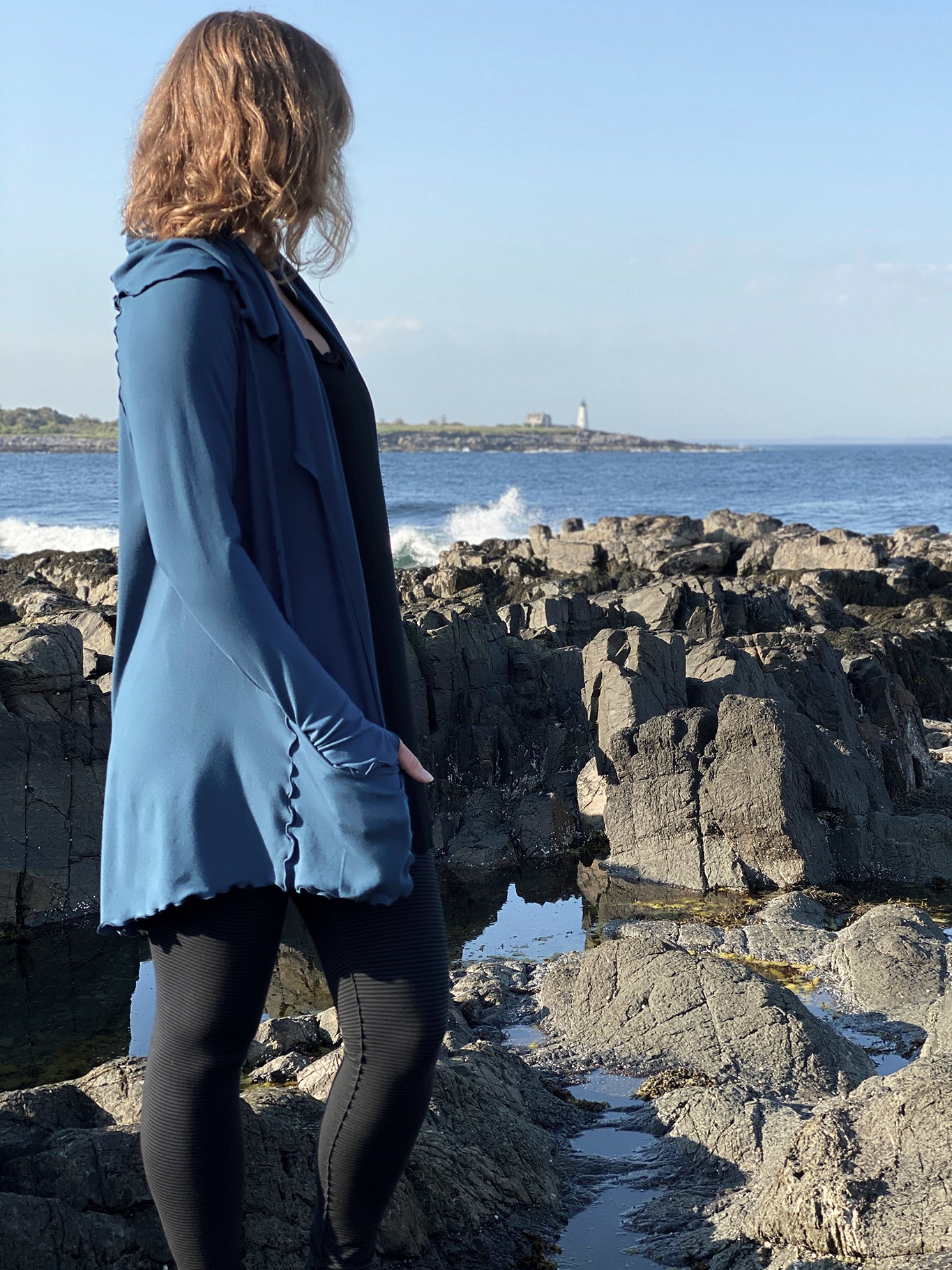 subtle black stripe playsuit with our lake cardi jacket