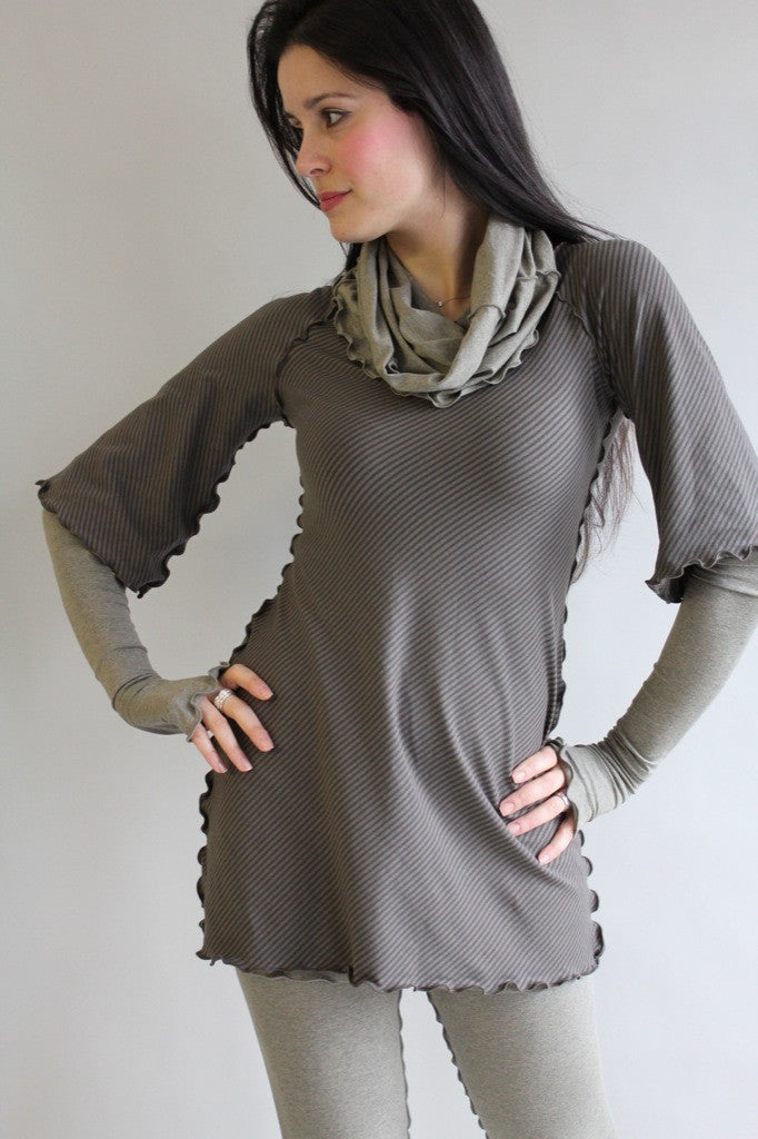 subtle olive stripe ballet tunic with sand opera sleeves, corset and playsuit