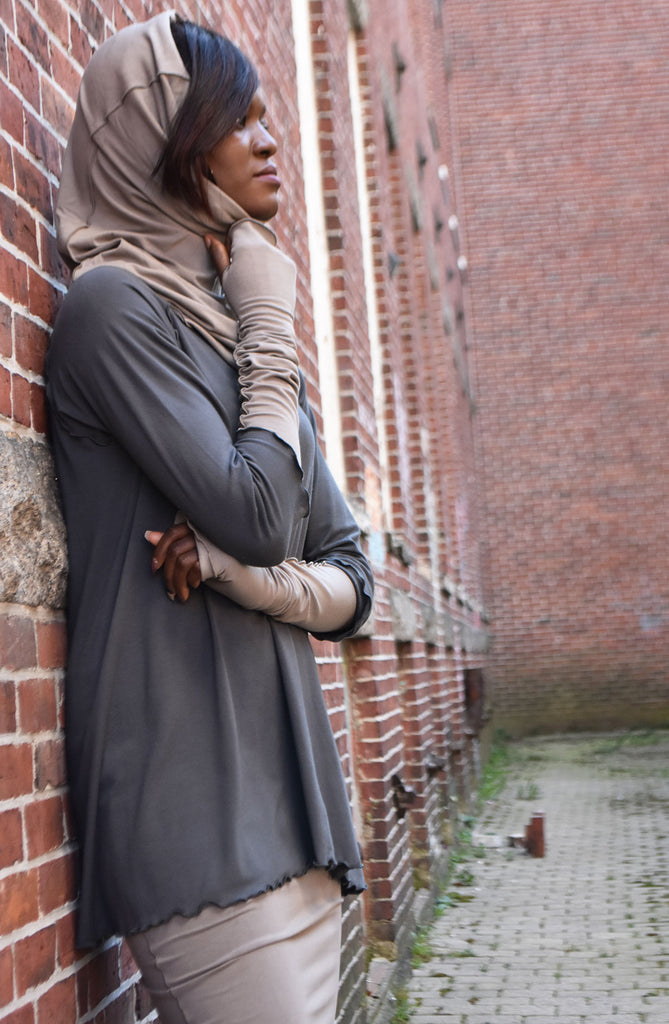 angelrox opera sleeves and hourglass hooded cowl in clay bamboo