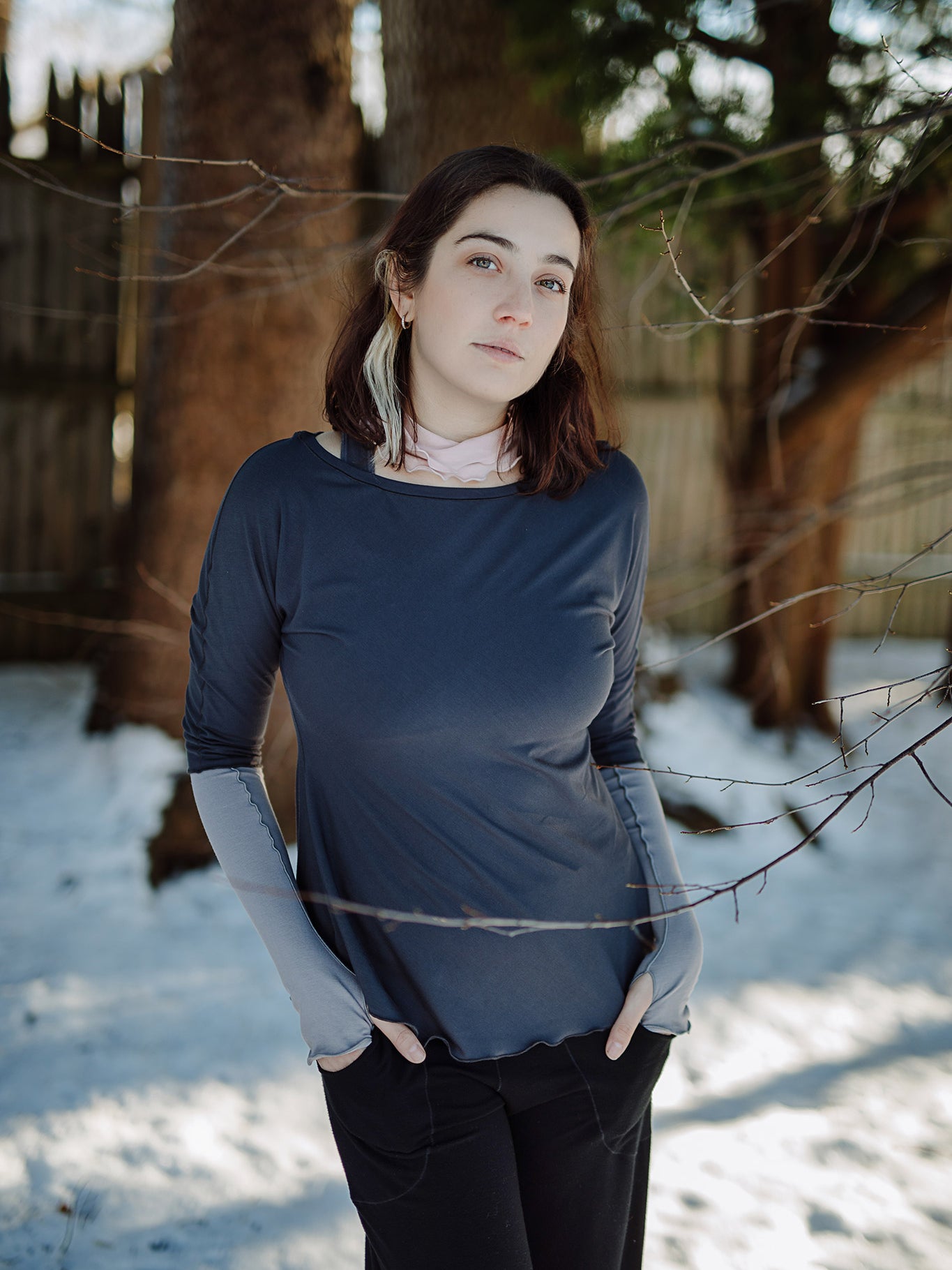 rose bias top in carbon with moon opera gloves and black harlow pant