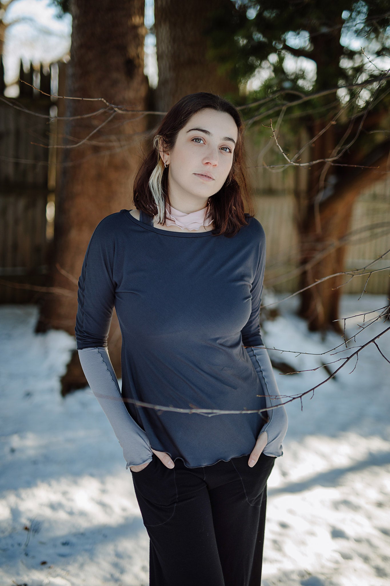 rose bias top in carbon with moon opera gloves and black harlow pant