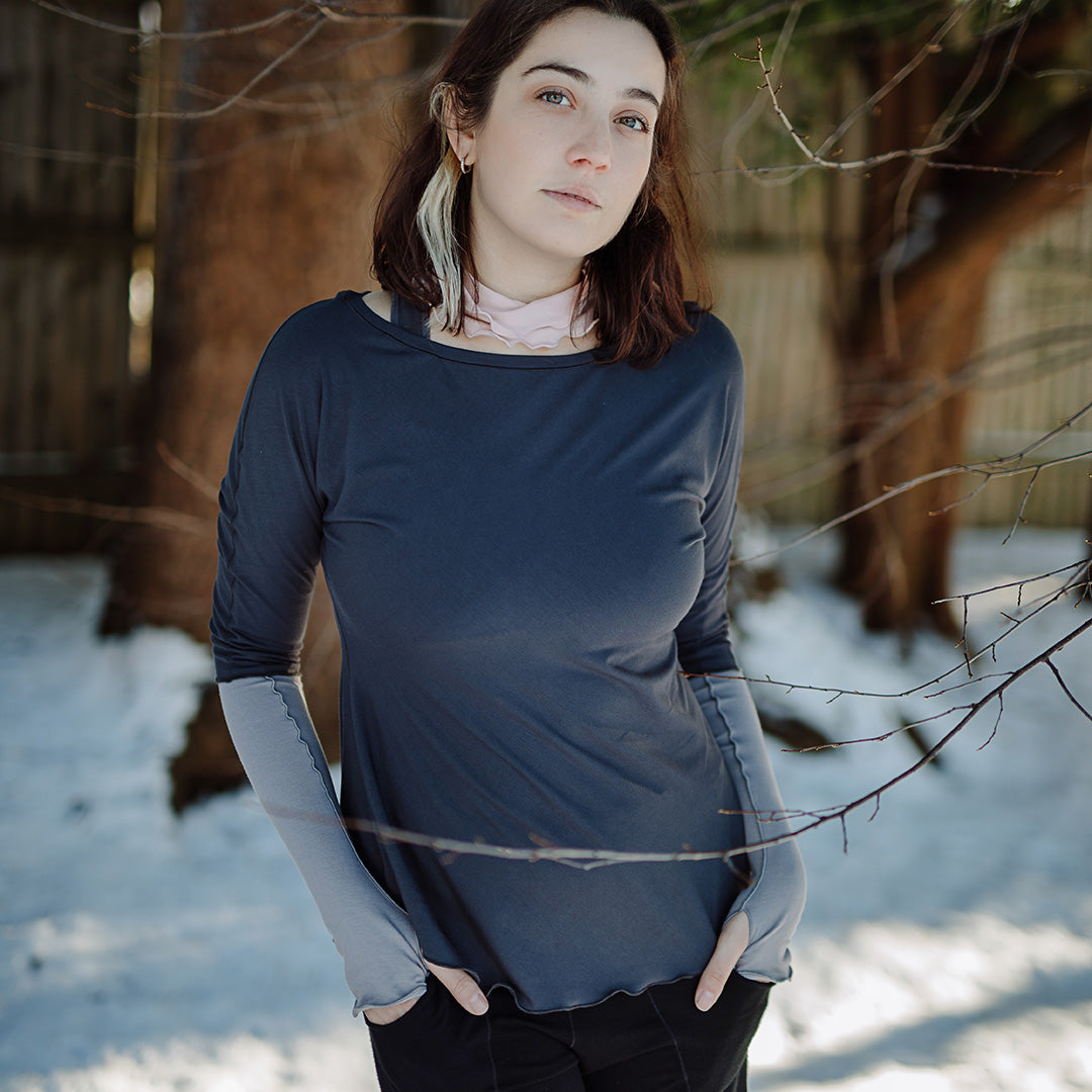 rose bias top in carbon with moon opera gloves and ballet band around the neck