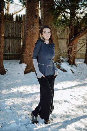 harlow elegant convertible wide leg pant in black with carbon rose top