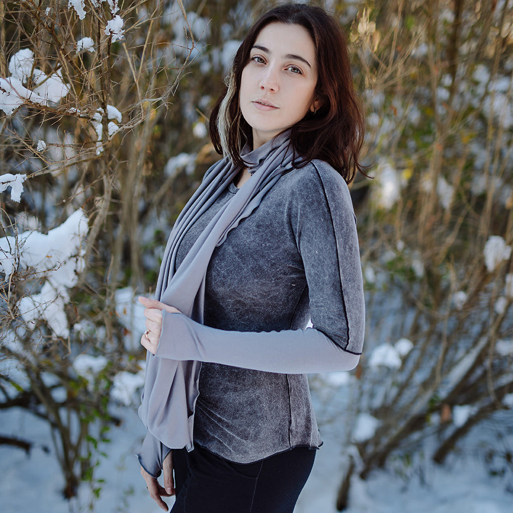 loop infinity scarf in moon with moon opera sleeves and rose top in mineral