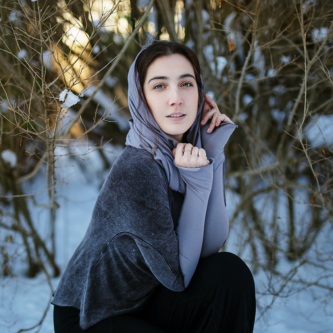 opera sleeves in moon with moon loop as a hood, rose top in mineral, and harlow pant in black