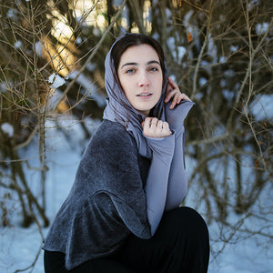 opera sleeves in moon with moon loop as a hood, rose top in mineral, and harlow pant in black