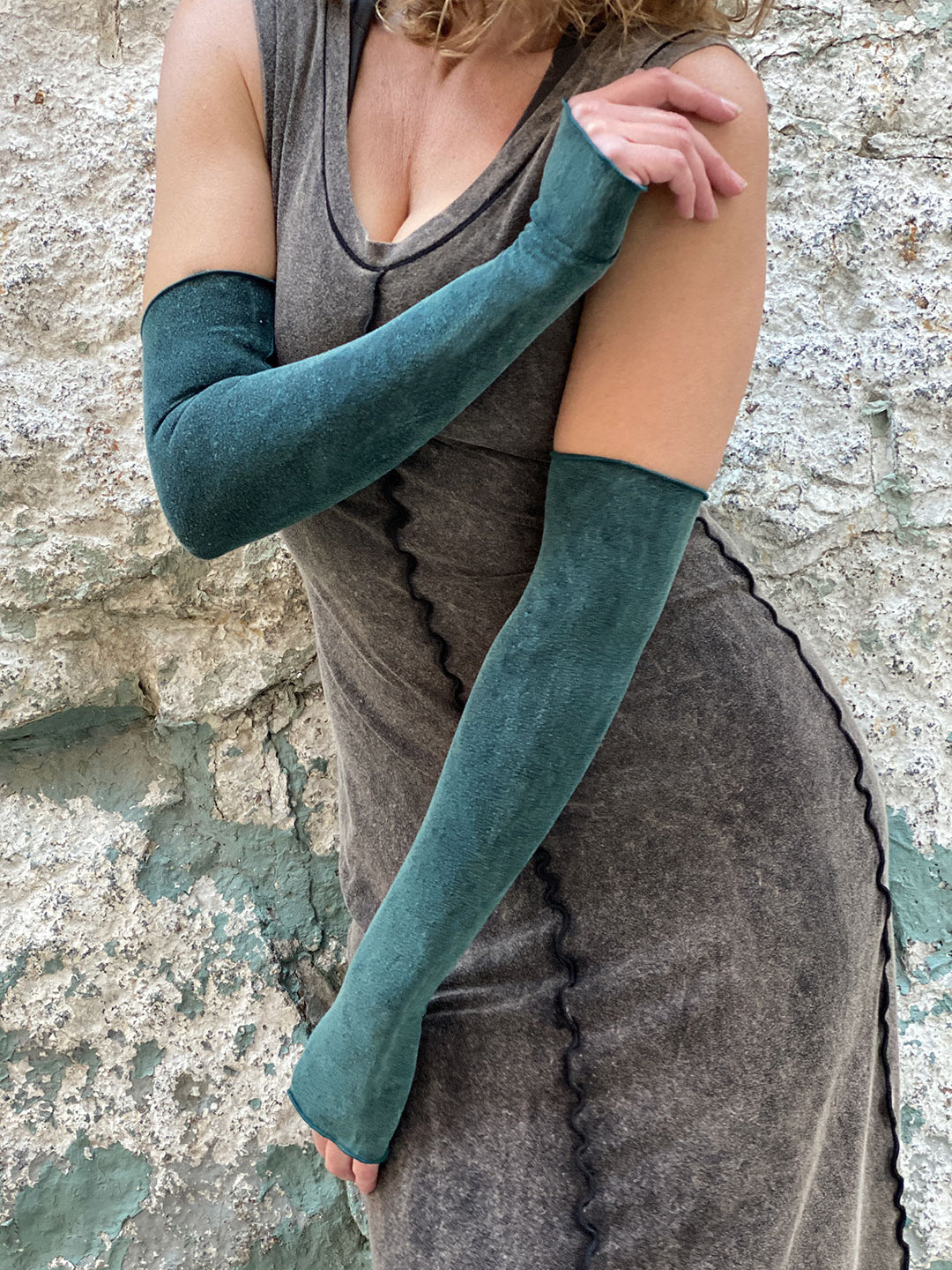 angelrox opera sleeves in blue mineral with mineral goddess dress