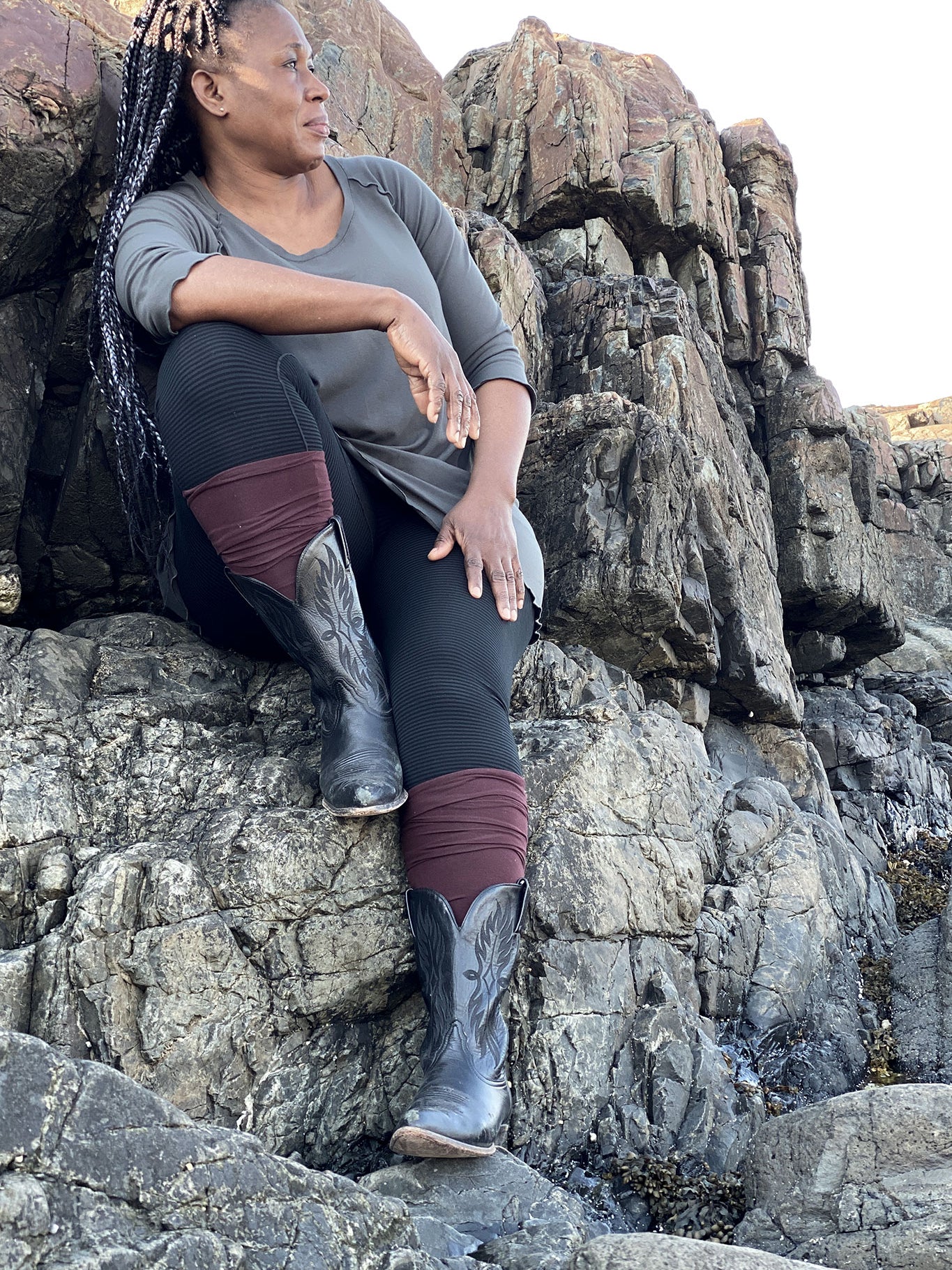 wine stockings with our subtle black stripe playsuit