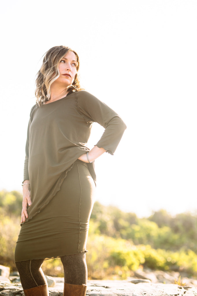 hourglass pencil skirt + swing tunic in olive 