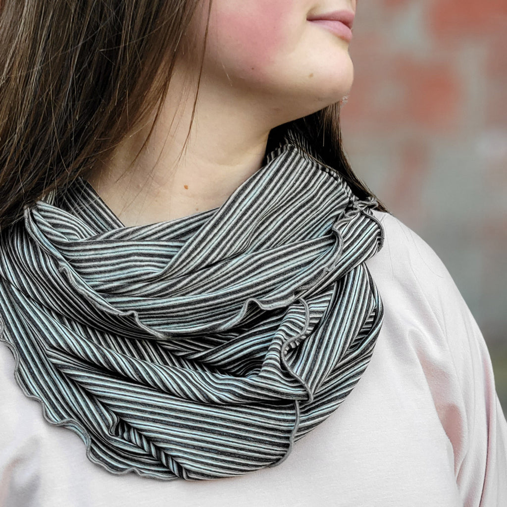 angelrox® hourglass scarf hood shaper in earth stripe + ballet pop top