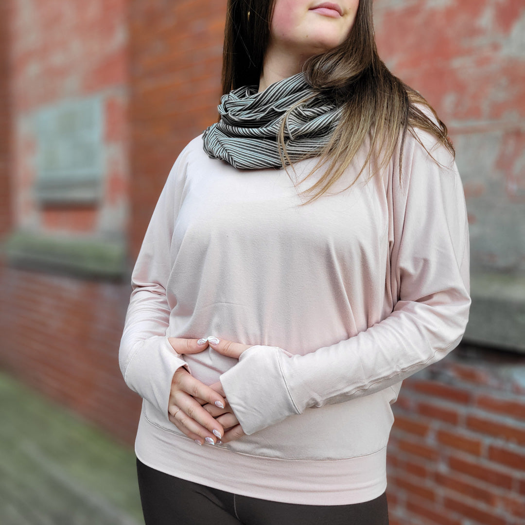 pop top in ballet styled with earth stripe hourglass + peat trouser