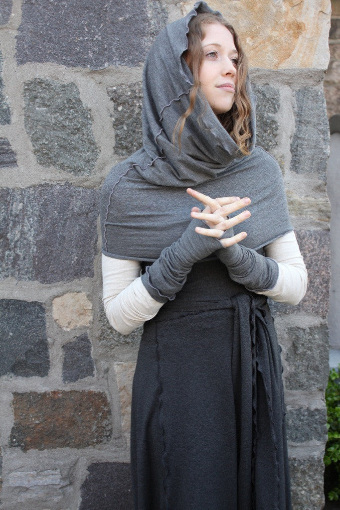 granite hourglass + opera sleeves with vanilla vneck and charcoal wrap