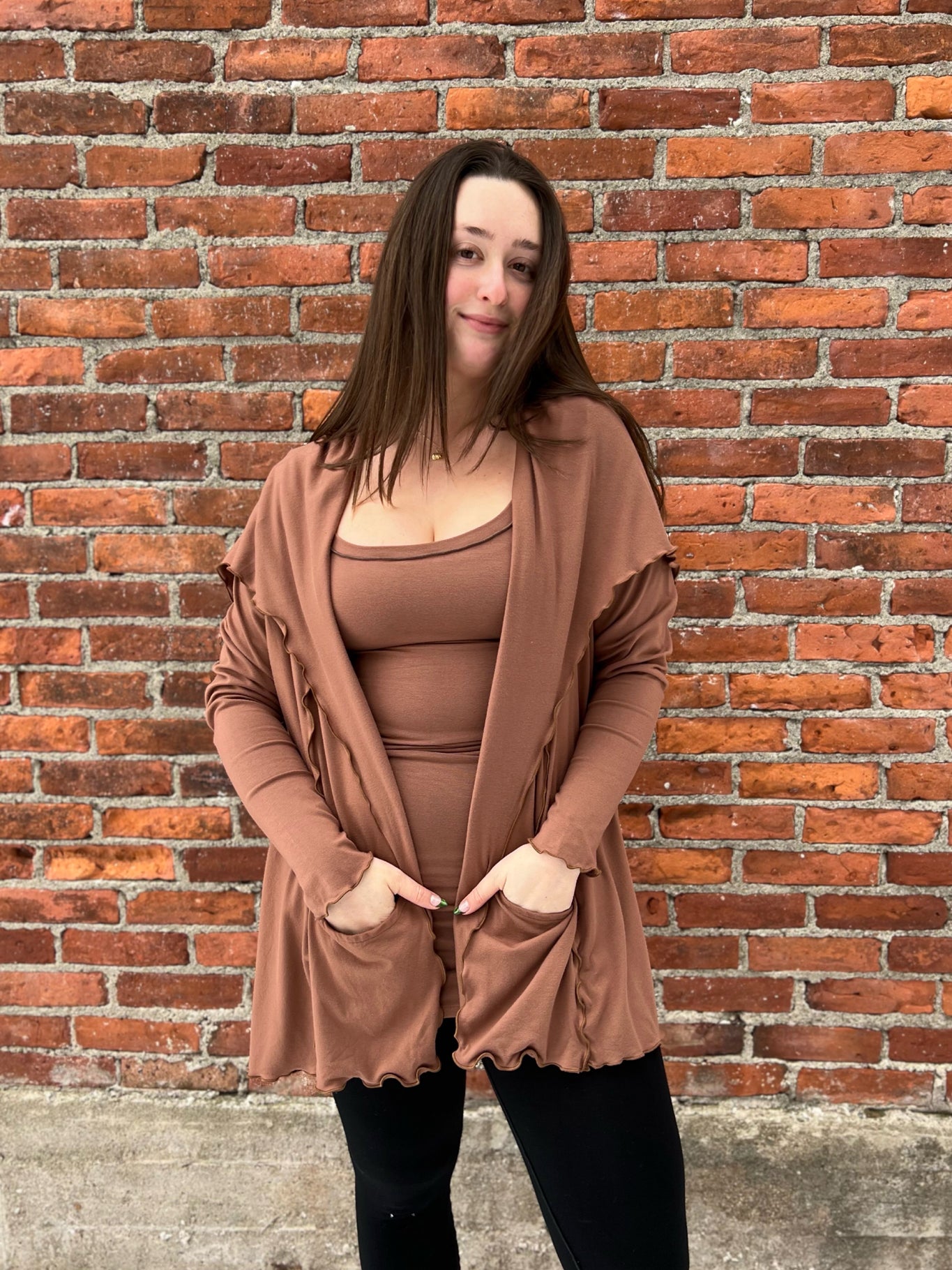 wifey tank and cardi in cedar with a black playsuit