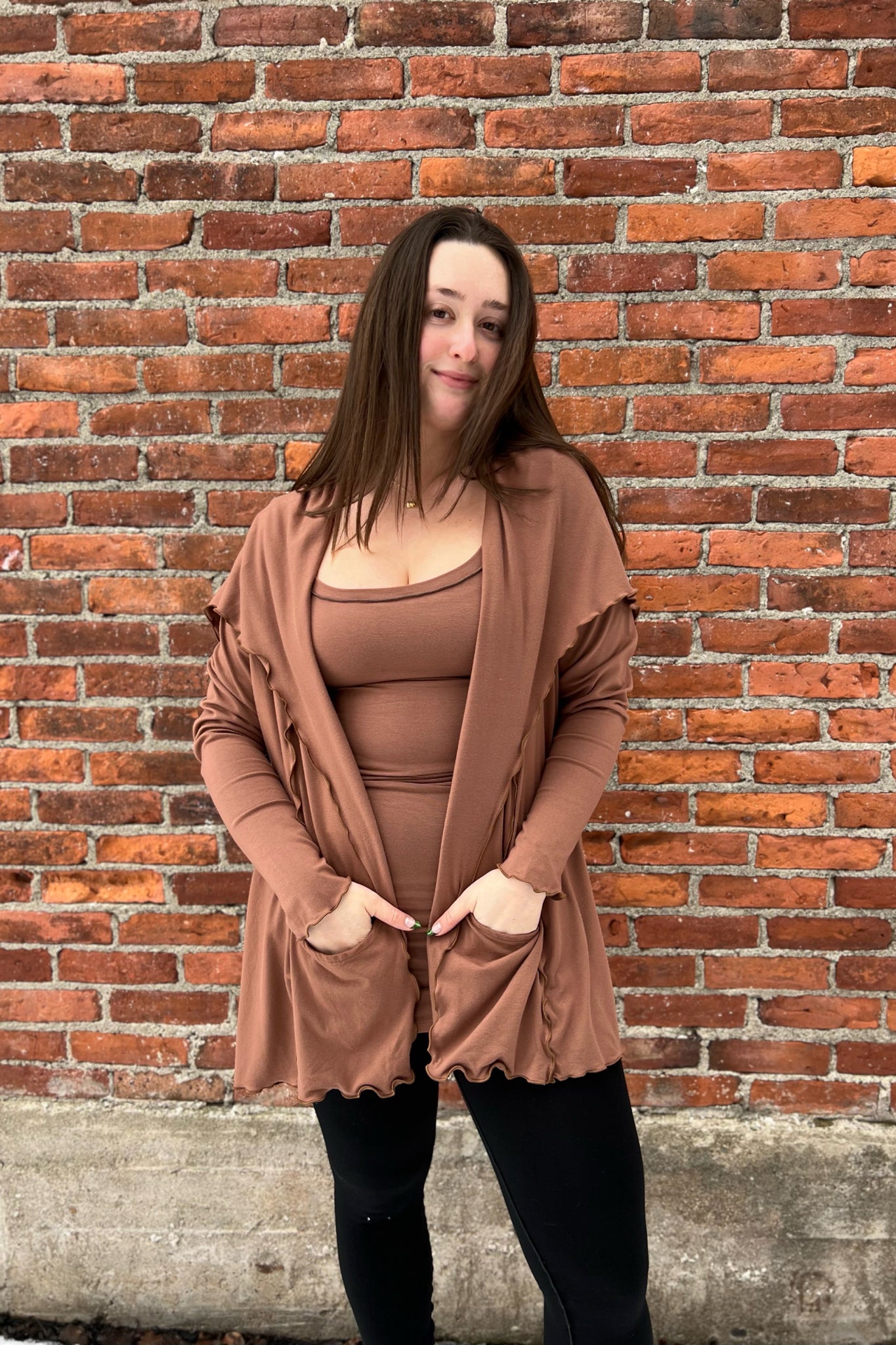 wifey tank and cardi in cedar with a black playsuit